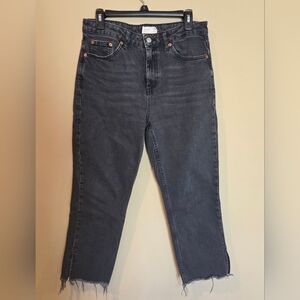 Topshop High Waisted Black Straight Leg Raw Hem Jeans